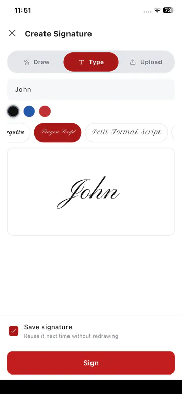 PDFix Create Signature screen with Draw, Type, and Upload options on mobile