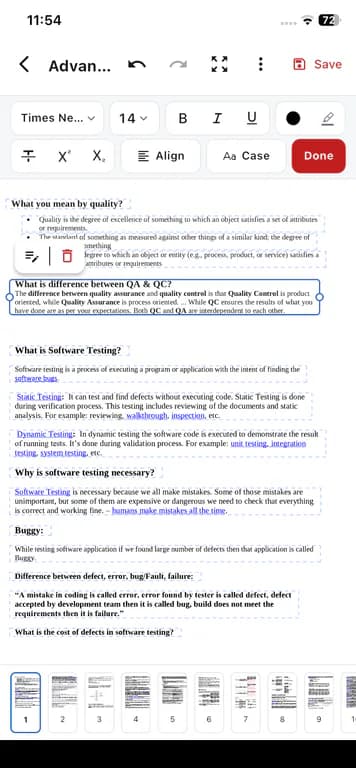 PDFix Edit PDF on mobile showing selectable text blocks and a formatting toolbar