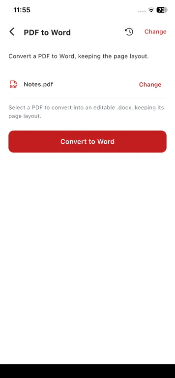 PDFix PDF to Word converter on mobile with a selected PDF and Convert to Word button