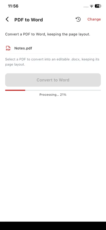 PDFix on-device PDF processing on mobile showing a local Convert to Word progress bar