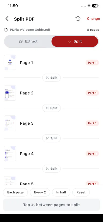 PDFix Split PDF on Android - split a document between pages